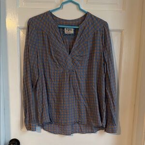 Anthropologie Blue and Orange Long Sleeve V-Neck Relaxed Blouse